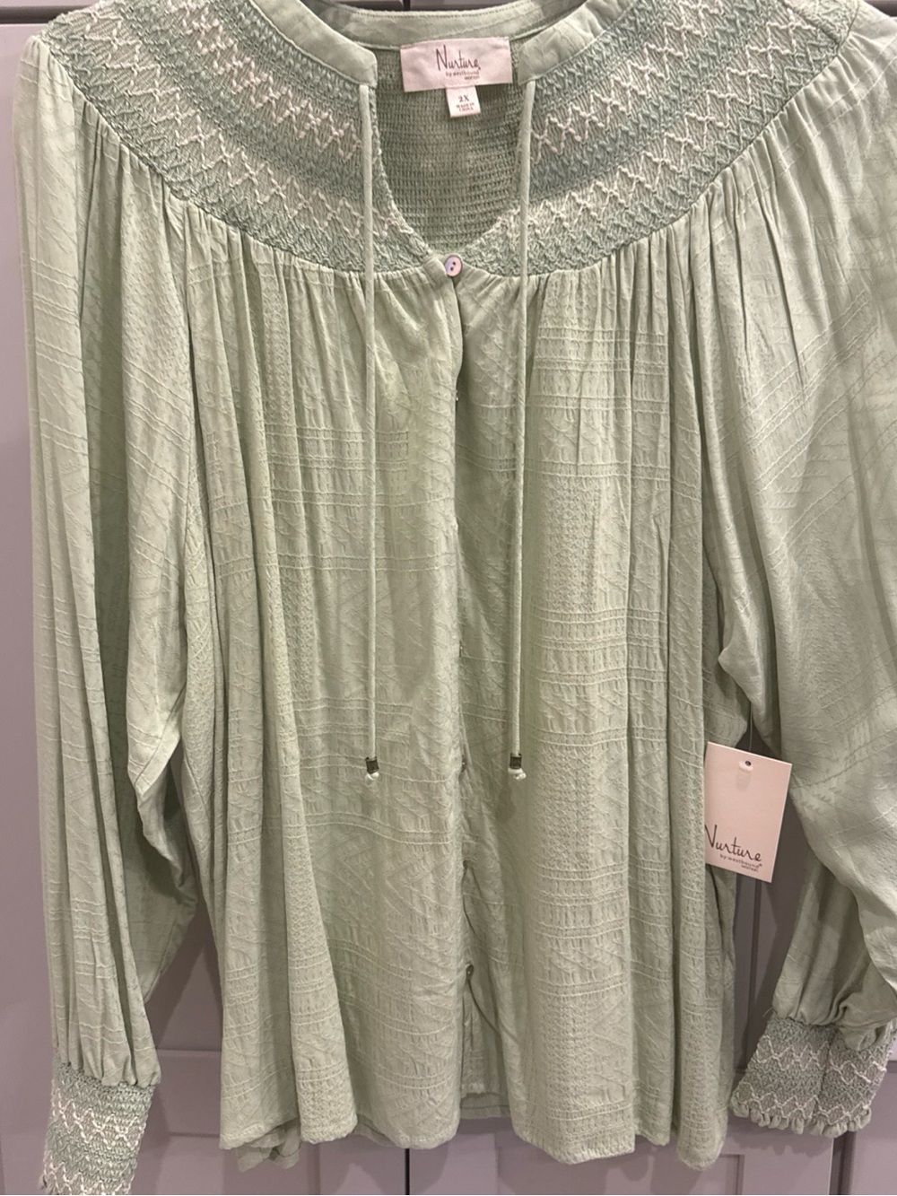 Nurture by Westbound Womens Blouse 2X Green Smocked Yoke Textured Rayon NWT